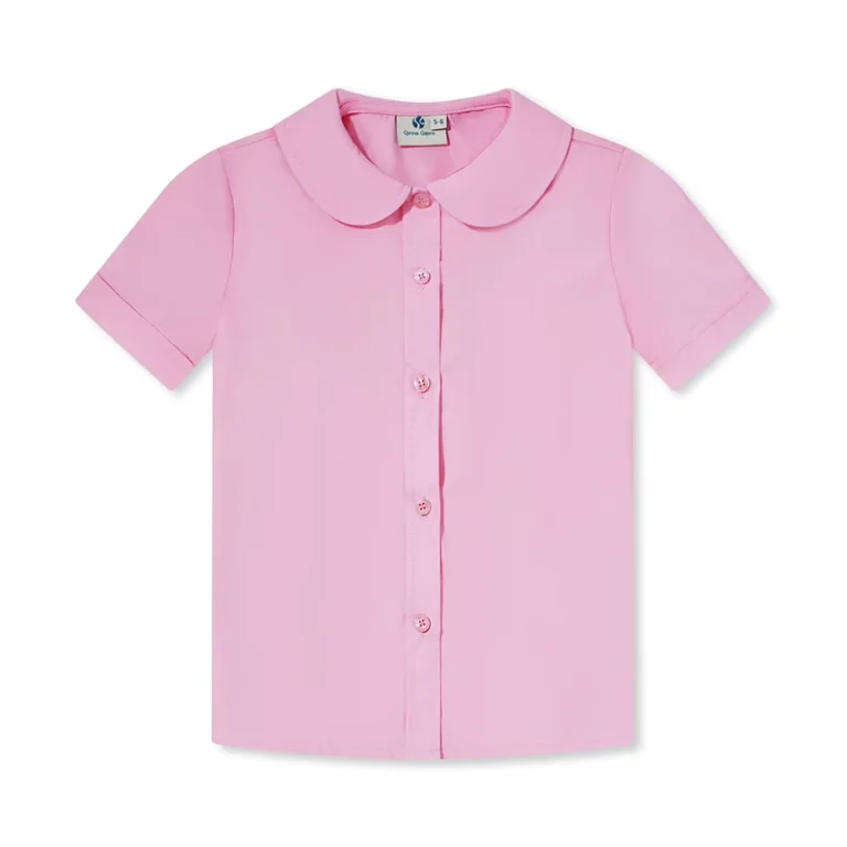 Primary-School-Uniform-Blouse-Rounded-Collar-Short-Sleeve-Pink-Easy-Iron-Shirt-for-Girls