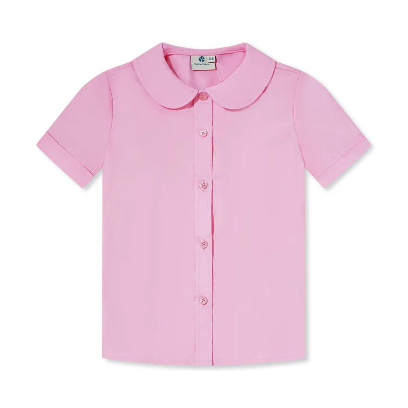 Primary School Uniform Blouse Rounded Collar Short-Sleeve Pink Easy-Iron Shirt for Girls