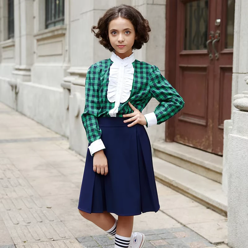 Primary School Uniform Green Eco-Friendly Plaid Shirt and Pleated Skirt Set for Girls Customizable Sizes