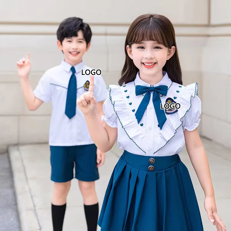 Primary Short Sleeve Dress School Uniform Designs Students Wear for Kids Boys and Girls