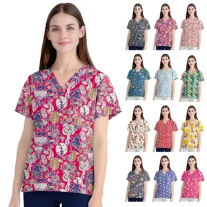 Printed Cartoon Woven Unisex Nurse Medical Scrubs for Hospital and Spa