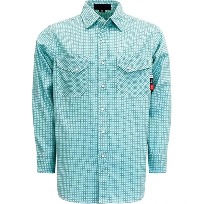 Printed Plaid Men's Work Shirt Flame retardant Cotton Certified by ASTM EN AS NZS for Welding in the Petroleum