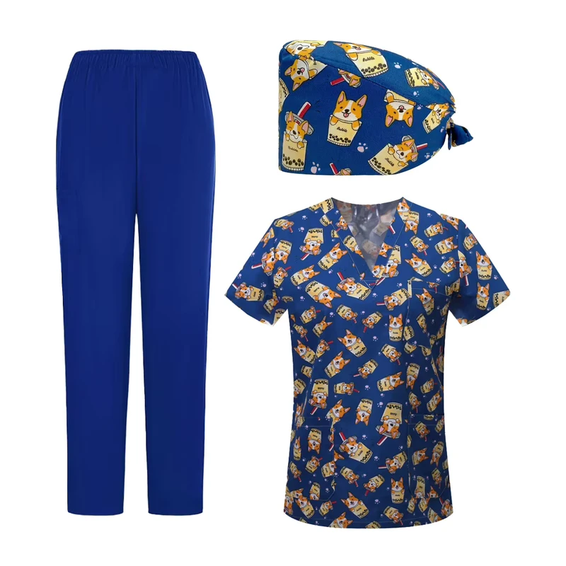 Printed Three-Piece Unisex Operating Room Scrub Set Thin Short-Sleeve Dobby Fabric