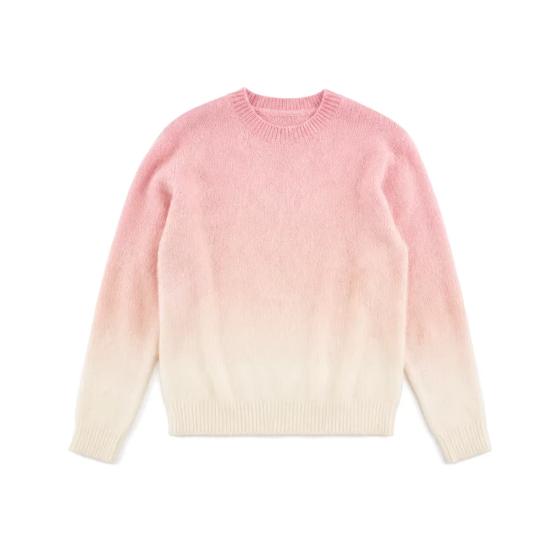 Private Label Gradient Color Block Sweater Custom Logo Women Crewneck Soft Touch Fuzzy Knitwear Jumper OEM ODM