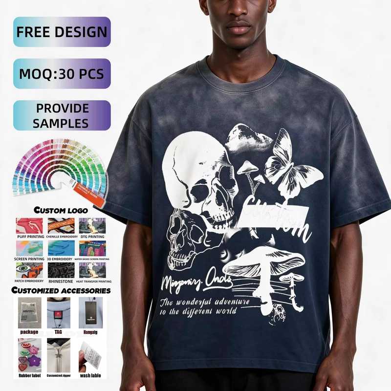 Private Label Vintage Washed Men 100% Cotton Heavyweight Solid Knitted Formal Regular Fit Custom Logo DTG Print Short Sleeve