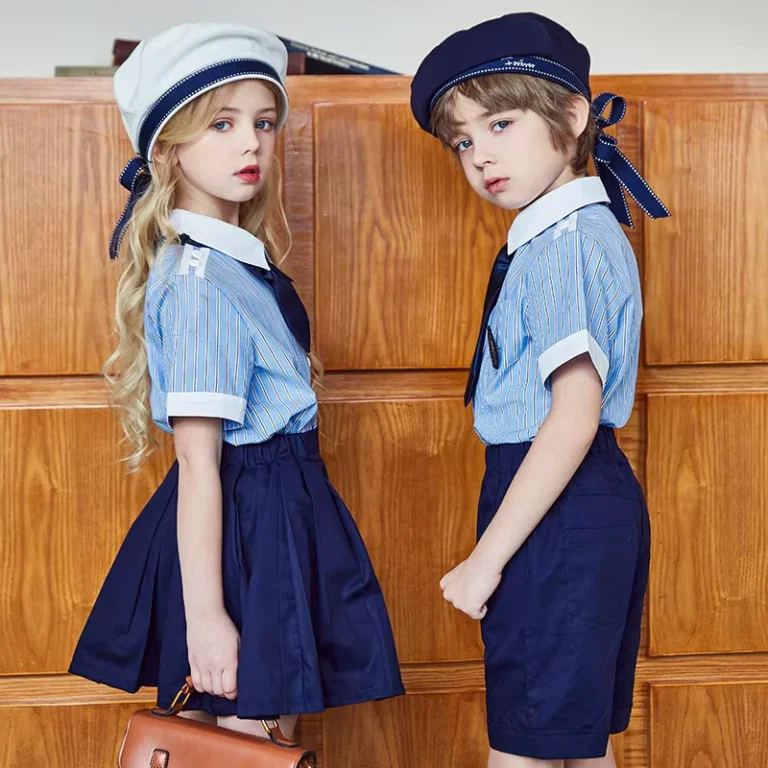 Private-School-Student-Blue-Skort-Uniforms-a-Light-Blue-Blouse-With-Vertical-Stripes-and-a-Bow-Tie-Short-sleeved-School-Uniform