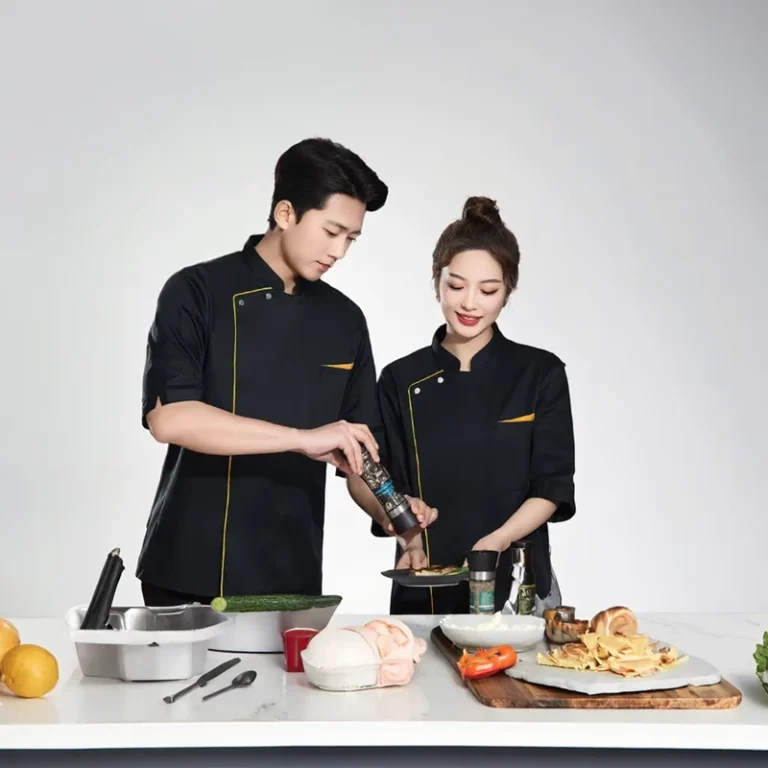 Professional-BBQ-Chef-Coat-Gold-Trim-Heat-Resistant-Short-Sleeve-Uniform-Unisex-Poly-Cotton-Woven-Fabric-Custom-Restaurant