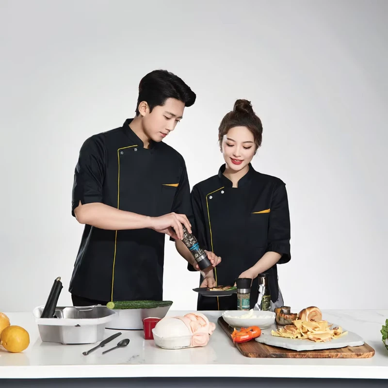 Professional BBQ Chef Coat Gold Trim Heat-Resistant Short Sleeve Uniform Unisex Poly-Cotton Woven Fabric Custom Restaurant
