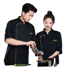 Professional Unisex Chef Jacket Short Sleeve Gold Trim Polyester Cotton Woven Fabric Silk Screen Heat-Transfer Restaurant Bar