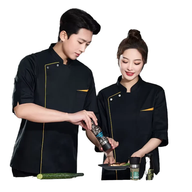 Professional-Unisex-Chef-Jacket-Short-Sleeve-Gold-Trim-Polyester-Cotton-Woven-Fabric-Silk-Screen-Heat-Transfer-Restaurant-Bar