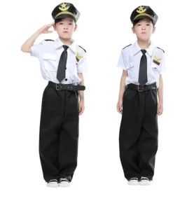 Promotional Airline Captain Uniform Career Day Costume Set for Kids Boys White Pilot Dress Top Hat Pants for Halloween