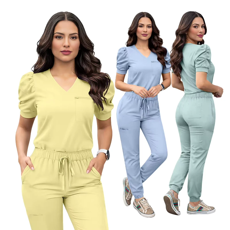 Puff-Sleeve Scrub Set Nail Spa Nurse Uniform Elastic-Trousers Women's Set