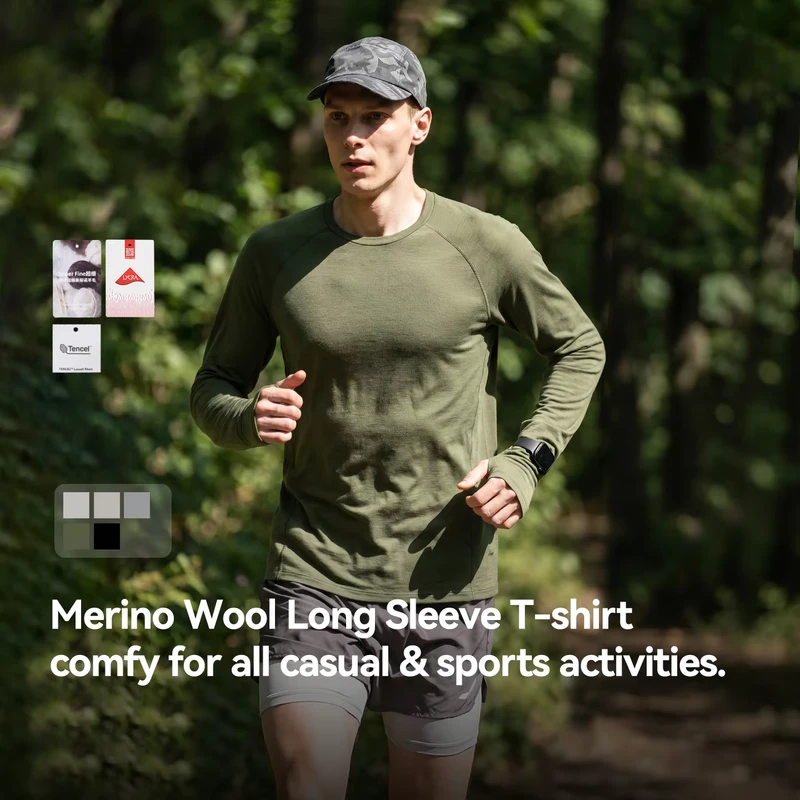 QUICKSHOW Merino Wool Lyocell Long Sleeve T Shirt Breathable Premium Casual Soft Activewear Luxury Moisture Wicking T Shirts Men