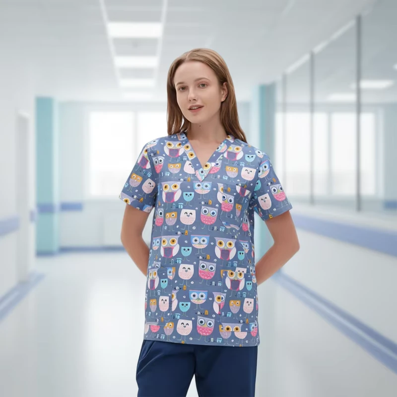 Quality Baiyi Angel V Neck Woven Cotton Unisex Medical Scrub Tops OEM Hospital Uniform Printed Carton Packaging China