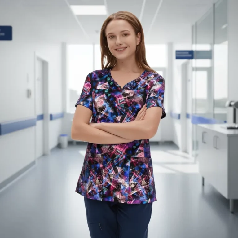 Quality-Baiyi-Angel-V-Neck-Woven-Medical-Scrub-Uniform-OEM-Hospital-Use-Unisex-Polyester-Rayon-Printed-Carton-Tops