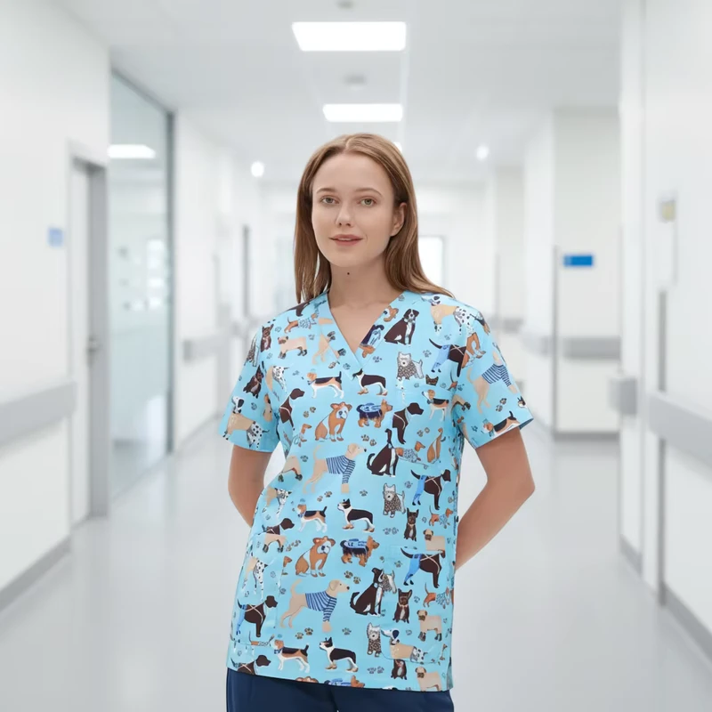 Quality V Neck Woven Cotton Medical Scrub Uniform OEM Healthcare Excellence Hospital Use Printed Carton Tops Baiyi Angel Unisex