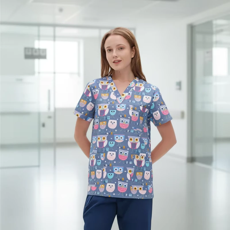 Quality V Neck Woven Denim Cotton Medical Scrub Uniform OEM Hospital Use Custom Logo Doctor Printed Carton Baiyi Angel Unisex