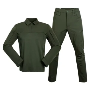 Quick-Dry Breathable Olive Green Polo-Collar Tactical Uniform Set with Zippered Pockets
