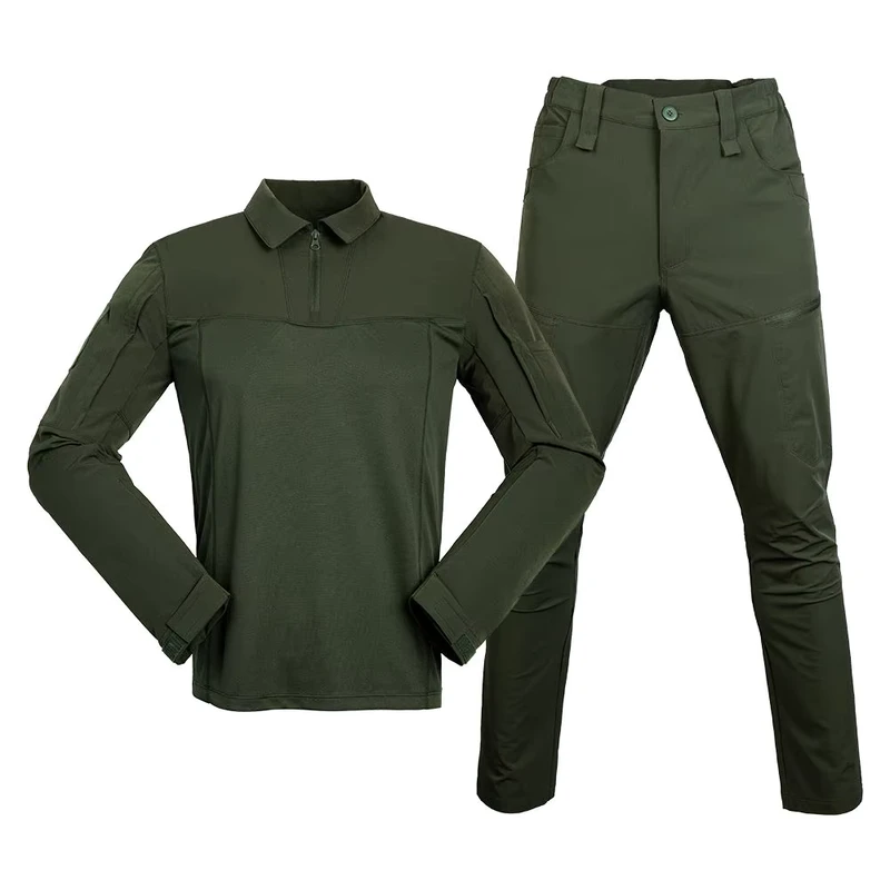 Quick-Dry Breathable Olive Green Polo-Collar Tactical Uniform Set with Zippered Pockets