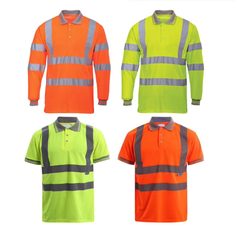 Quick Dry Hi Vis Yellow Orange Long Full Sleeve T Shirts Roadway Night Reflective Clothing Short Sleeve Safety Work Polo Shirt