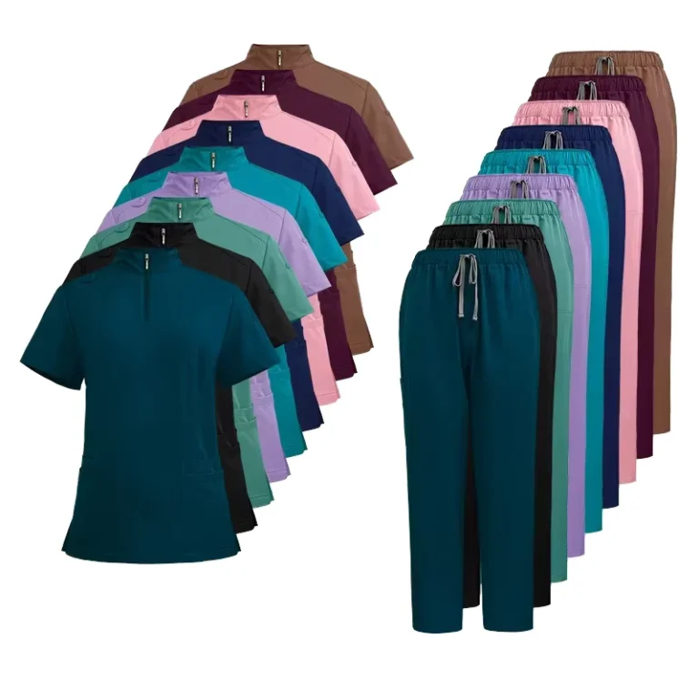 Quick-Ship-Bulk-Orders-Stretchable-Woven-Fabric-Surgical-Nurse-Uniform-Custom-Logo-8-Pocket-Medical-Scrubs-Set