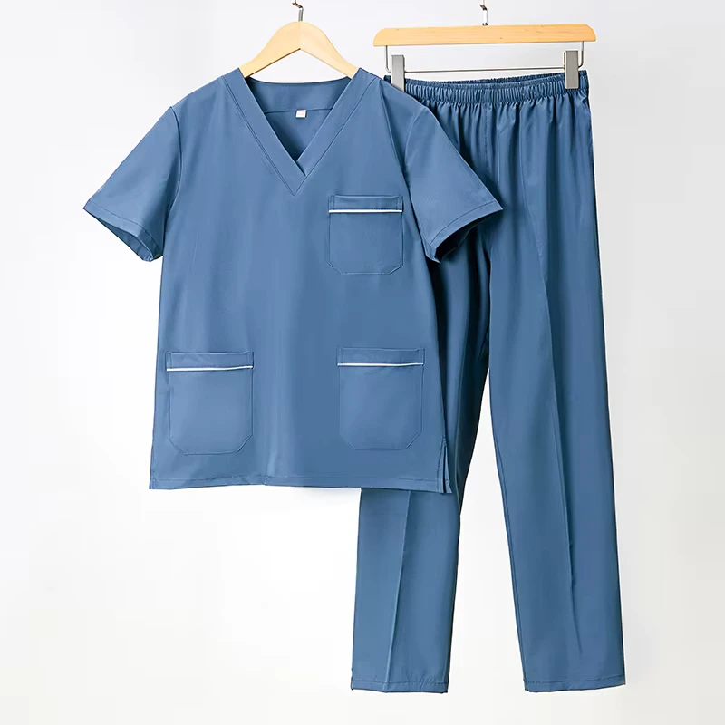 Quick drying 93% Polyester 7% Spandex Woven Scrub Sets Short sleeved Unisex Needle Detection Hospital Uniform
