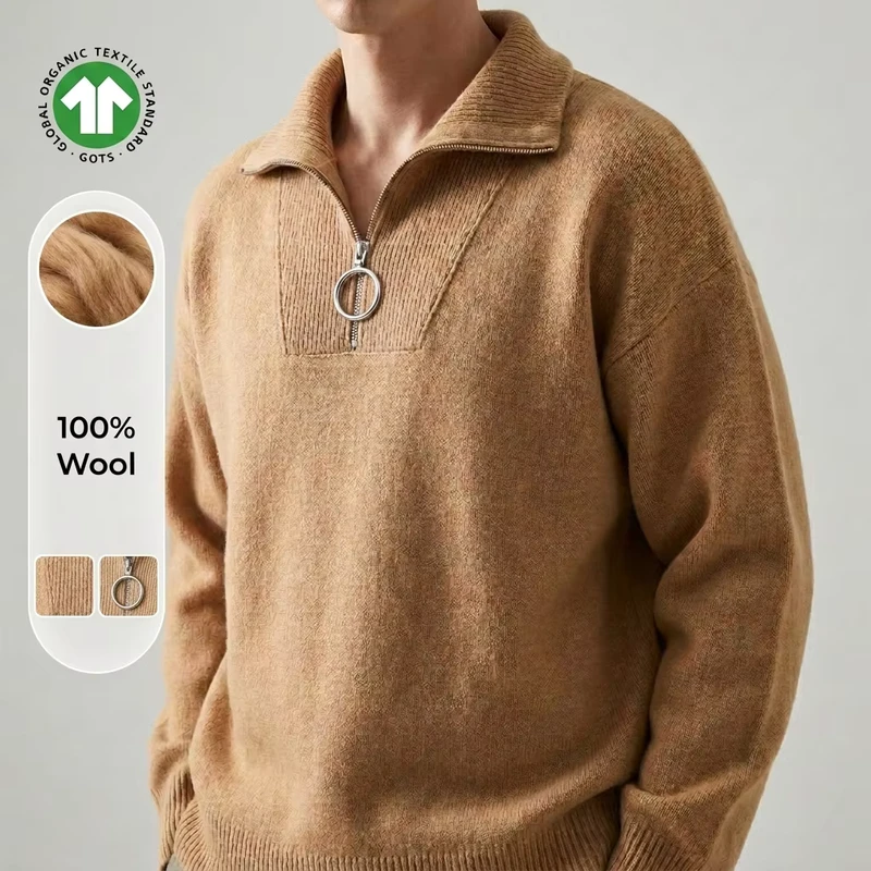 Quiet Luxury 100% Pure Wool Men's Half Zip Sweater Elegant Camel Knitted Pullover Minimalist Quarter Zip Jumper For