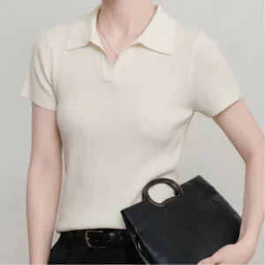 Quiet Luxury Capsule Wardrobe Preppy Minimalist Outfit Striped Knit Polo Shirt Short Sleeve Sweater Top