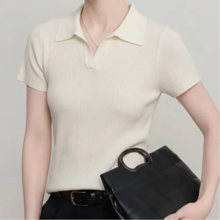 Quiet-Luxury-Capsule-Wardrobe-Preppy-Minimalist-Outfit-Striped-Knit-Polo-Shirt-Short-Sleeve-Sweater-Top