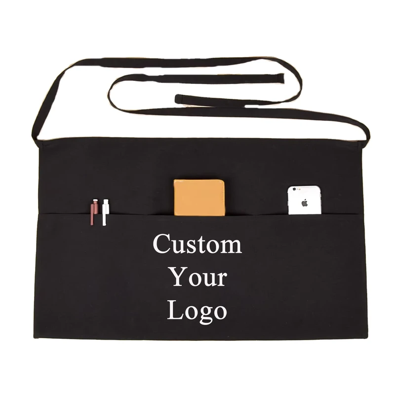 Ranguo Professional Waist Work Apron Custom Logo 3 Front Pockets Cotton Polyester Restaurant Hotel Cafe Staff Uniform Corporate