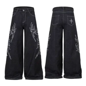 Raw Denim Embroidered Logo Baggy Cotton Jeans Men’s Black