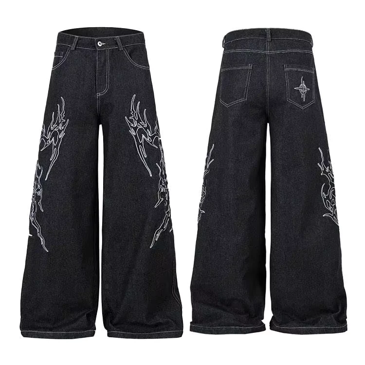 Raw-Denim-Embroidered-Logo-Baggy-Cotton-Jeans-Mens-Black-1