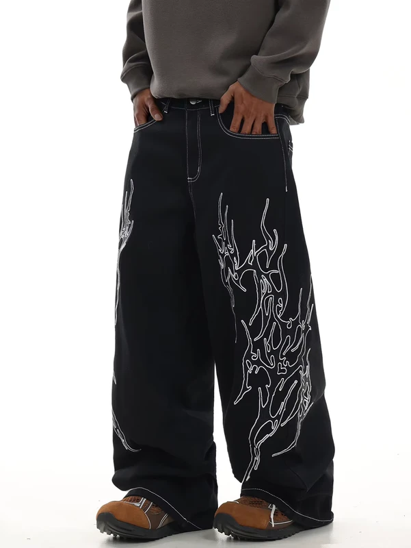 Raw-Denim-Embroidered-Logo-Baggy-Cotton-Jeans-Mens-Black