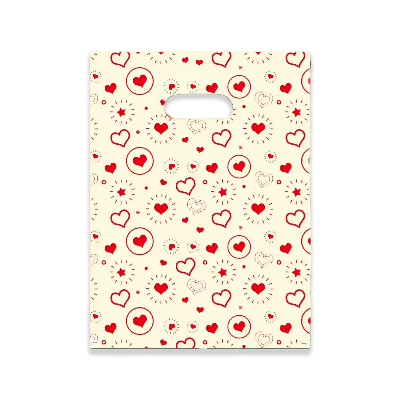 Red Heart and Starburst Plastic Shopping Bags with Die-Cut Handles, Valentine's Day Gift Bags