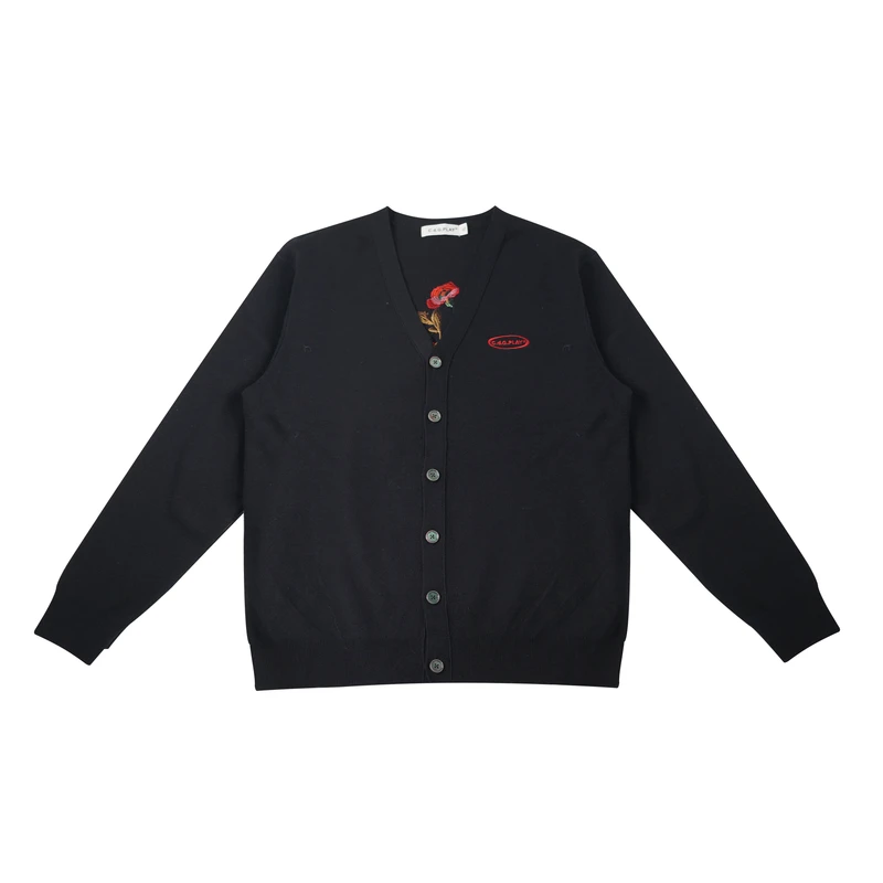 Red Rose Embroidered Cotton Cardigan Sweater