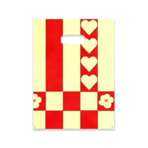 Red and Cream Stripe Checkerboard Plastic Merchandise Bags, Heart and Flower Print, Die-Cut Handles