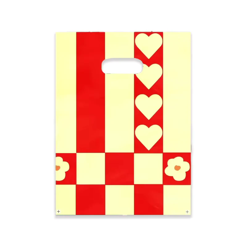 Red and Cream Stripe Checkerboard Plastic Merchandise Bags, Heart and Flower Print, Die-Cut Handles