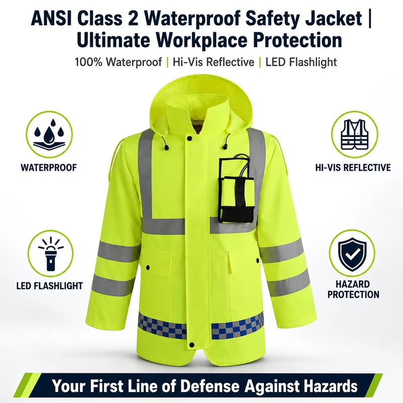 Reflective Breathable Hi Vis Safety Jacket ANSI Class 2 Waterproof Built in LED Flashlight Logo for Construction Site Use