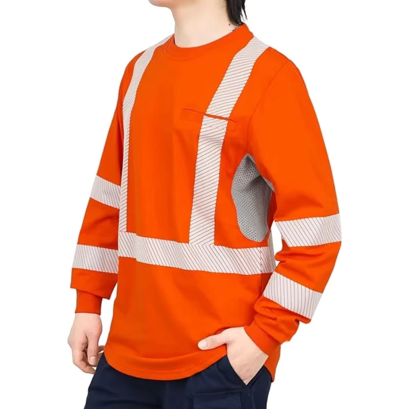 Reflective FR Shirts High Visibility Summer Vented Mesh Long Sleeve Crewneck Lightweight Flame Resistant Workwear