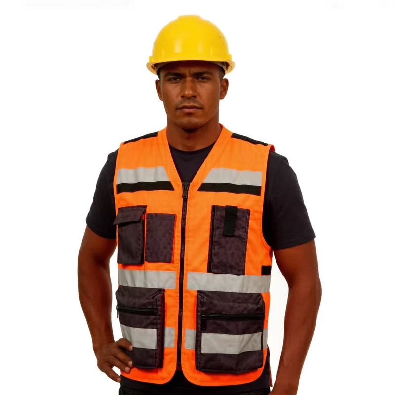 Reflective High Visibility Fluorescent Orange Road Reflector Vest Construction Safety Jacket with Big Pockets