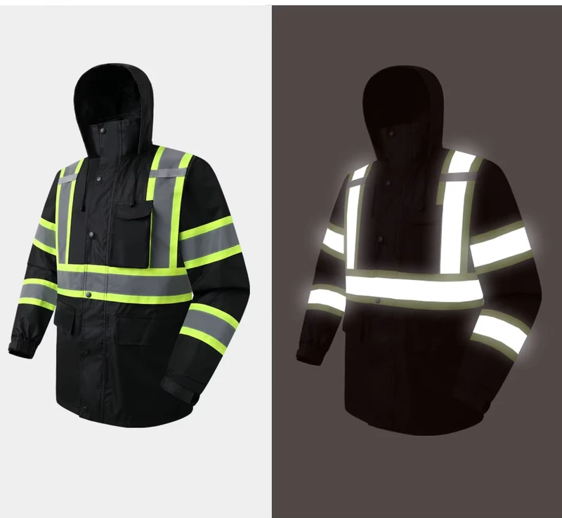 Reflective Safety Rain Jacket PU Coated Full Waterproof Windproof Hi Vis Rain Coat for Road Construction Traffic Working Staff