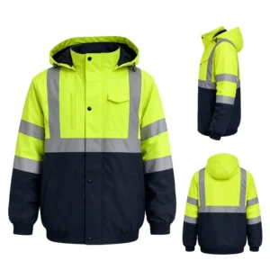 Reflective Safety Winter Construction Jacket with Hood 150d Oxford Waterproof for Men Work Class 3 Hi Vis Orange Cold Weather