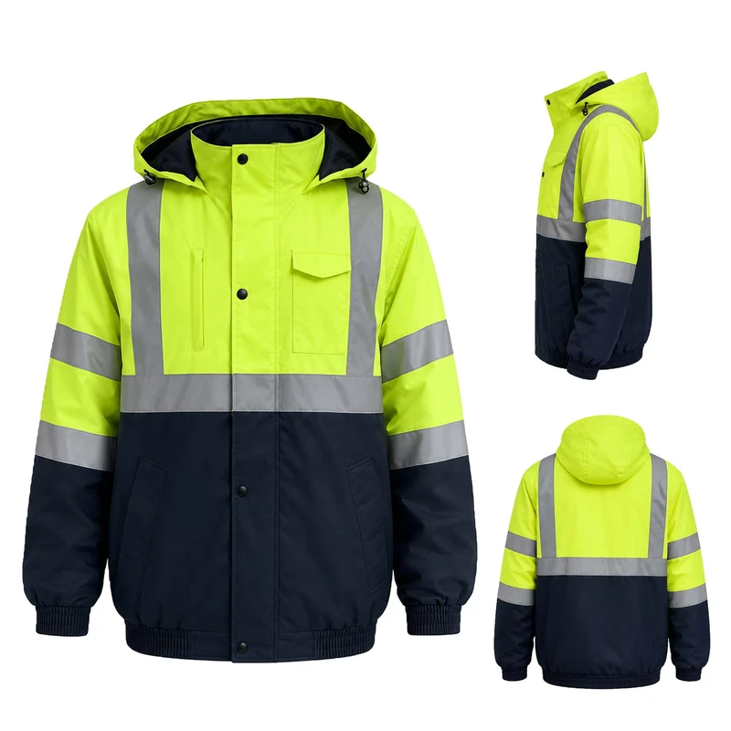 Reflective Safety Winter Construction Jacket with Hood 150d Oxford Waterproof for Men Work Class 3 Hi Vis Orange Cold Weather