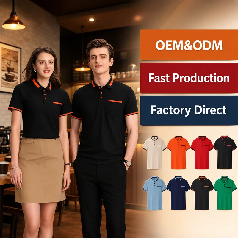Restaurant Hotel Front Desk Polo Shirts Custom Printed Logo Server Waitstaff Uniforms Cost effective Factory Direct