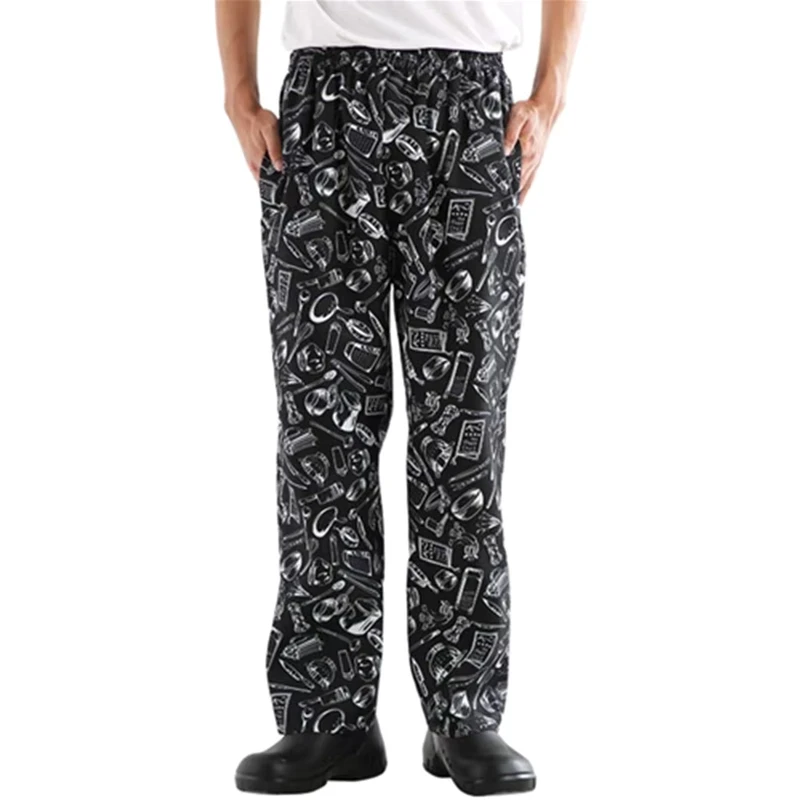 Restaurant Kitchen Uniform Men's Baggy Chef Pants Printed Work Pants With Elastic Waist