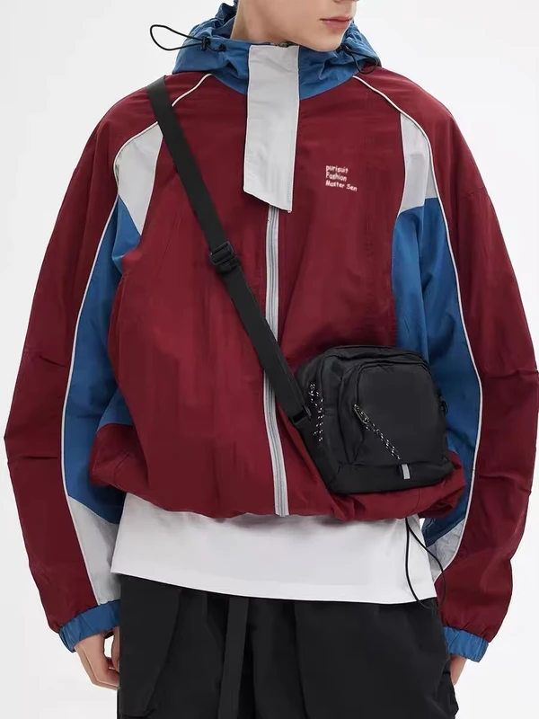 Retro Color Block Waterproof Windbreaker Jacket with Zipper Breathable Casual Sports Coat for Men and Women Hiking