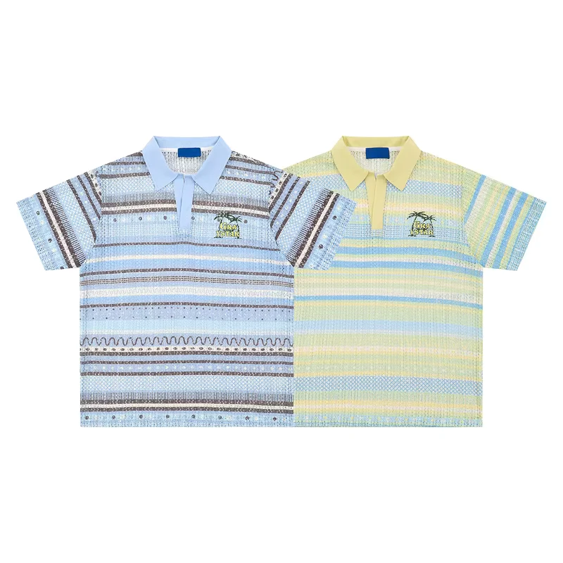 Retro Striped Knitted Polo Shirt Short Sleeve Loose Cotton Breathable Unisex