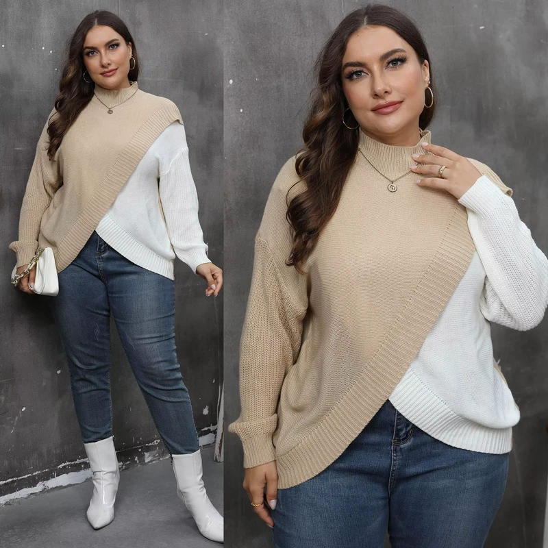 Retro Versatile Stand up Collar Pullover for Women Loose Irregular Cross Split Knit Plus Size Ladies Sweaters Oversized
