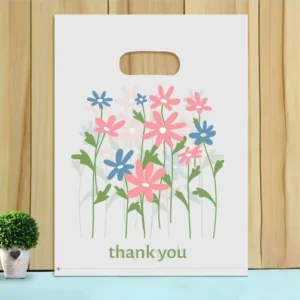 Reusable Plastic Bag with Pastel Flower Pattern and Thank You Print for Gifts