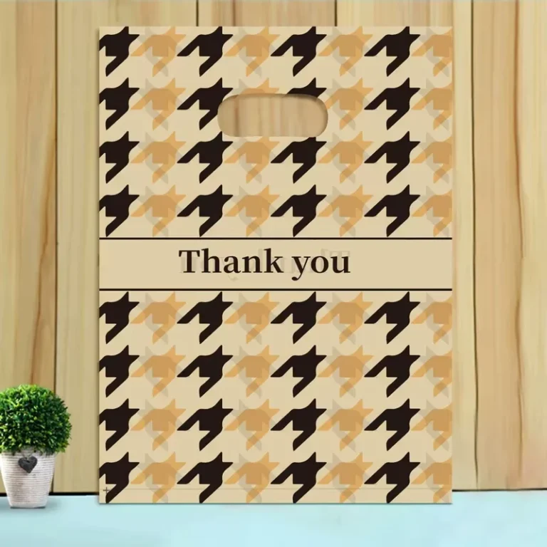 Reusable-Shopping-Bag-with-Beige-and-Brown-Houndstooth-Design-and-Thank-You-Text